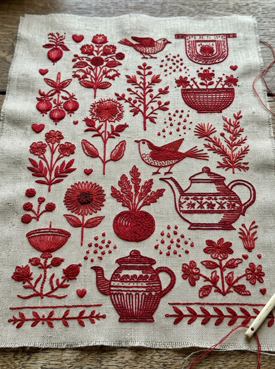 Farmhouse Domestic Redwork Library Plate from Folk Redwork & Country Florals Book 4, a digital embroidery design reference for machine embroidery designs, embroidery patterns and botanical and floral embroidery.
