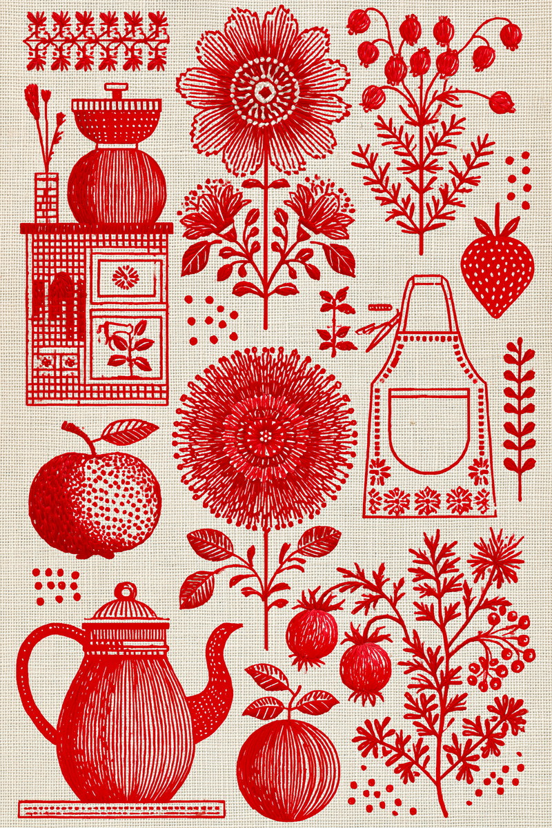 Farmhouse Kitchen And Tea Towel 02 from Folk Redwork & Country Florals Book 1, a digital embroidery design reference for machine embroidery designs, embroidery patterns and linen and home textile projects.