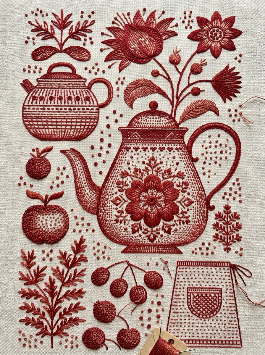 Farmhouse Kitchen And Tea Towel 02 from Folk Redwork & Country Florals Book 1, a digital embroidery design reference for machine embroidery designs, embroidery patterns and linen and home textile projects.