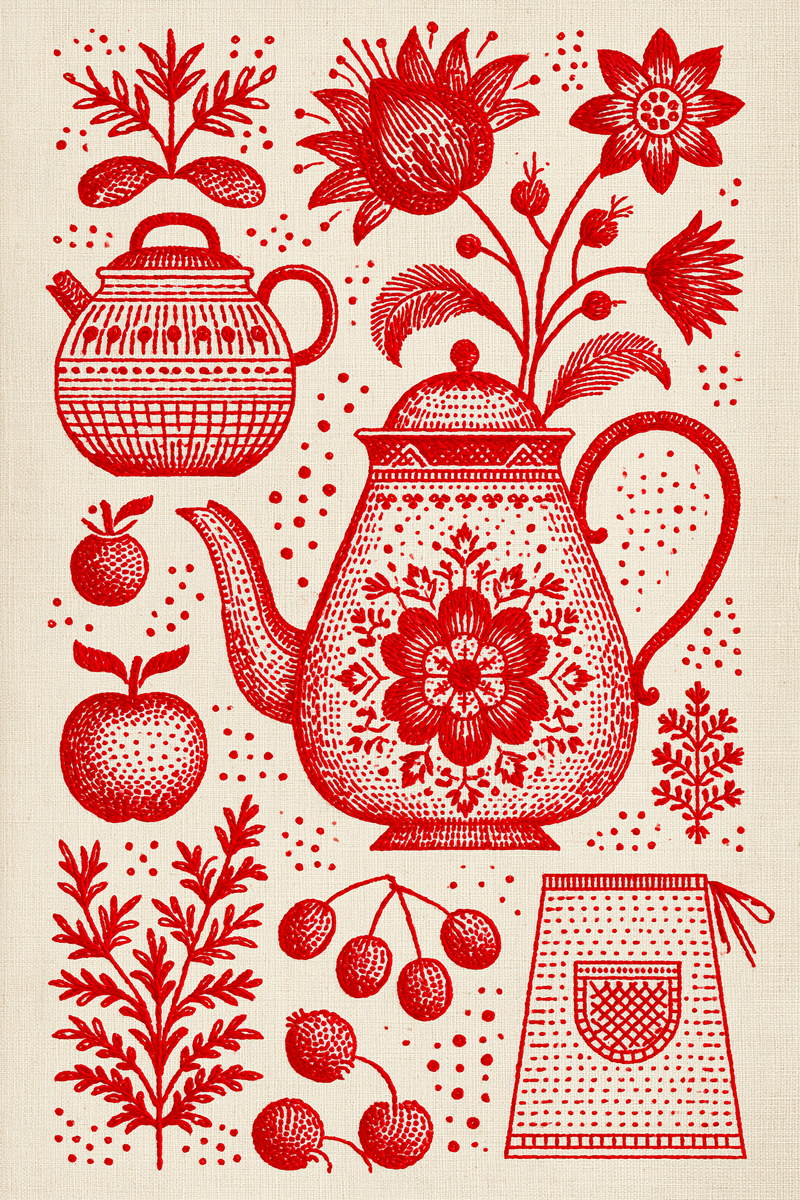Farmhouse Kitchen And Tea Towel from Folk Redwork & Country Florals Book 1, a digital embroidery design reference for machine embroidery designs, embroidery patterns and linen and home textile projects.