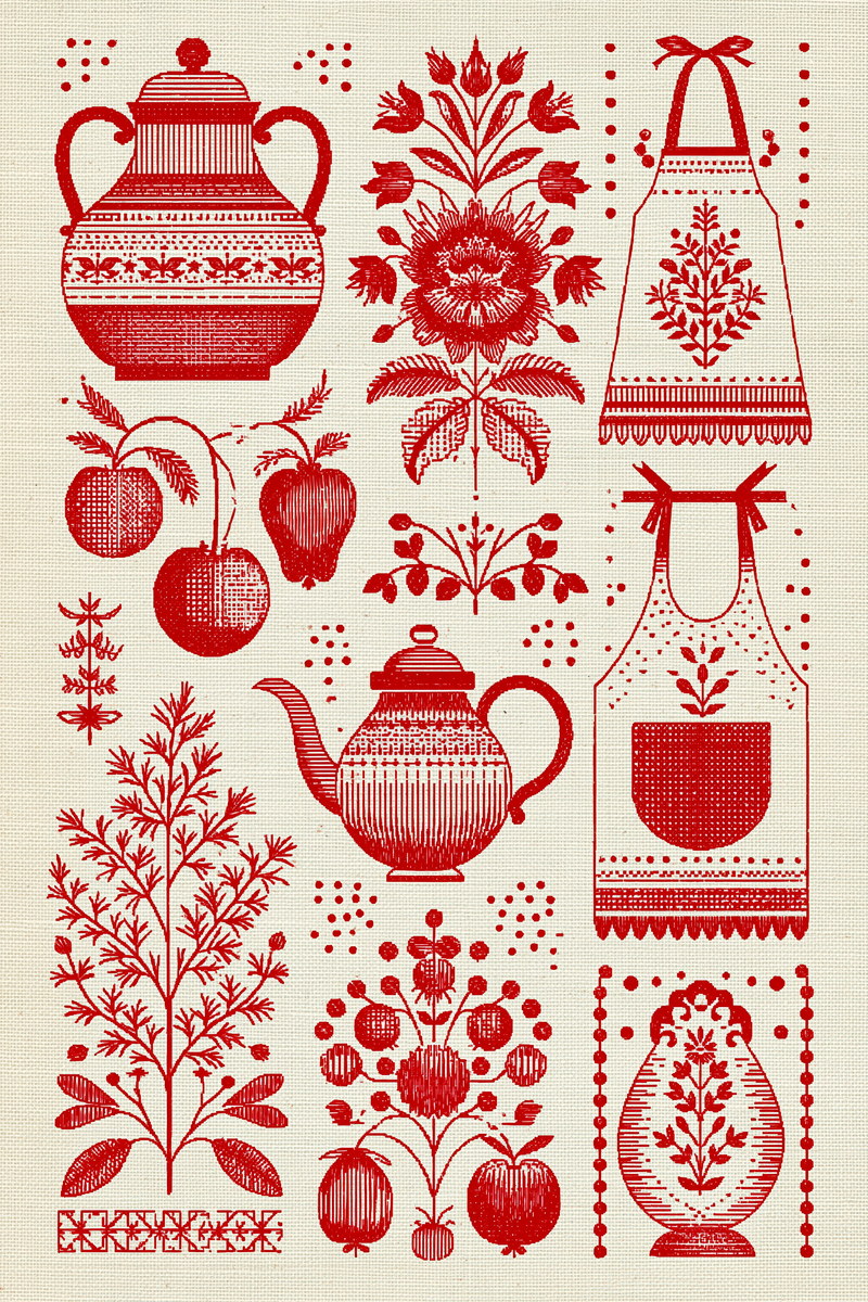 Farmhouse Kitchen And Tea Towel from Folk Redwork & Country Florals Book 2, a digital embroidery design reference for machine embroidery designs, embroidery patterns and linen and home textile projects.
