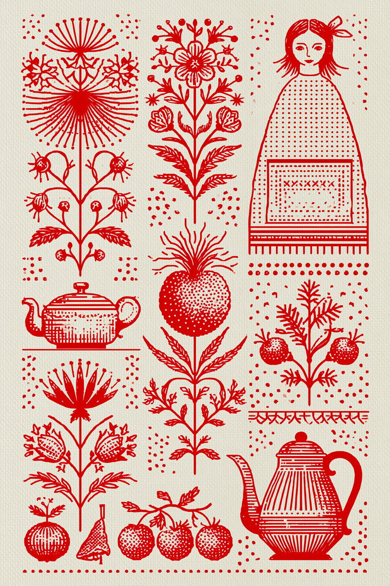 Farmhouse Kitchen And Tea Towel from Folk Redwork & Country Florals Book 4, a digital embroidery design reference for machine embroidery designs, embroidery patterns and linen and home textile projects.