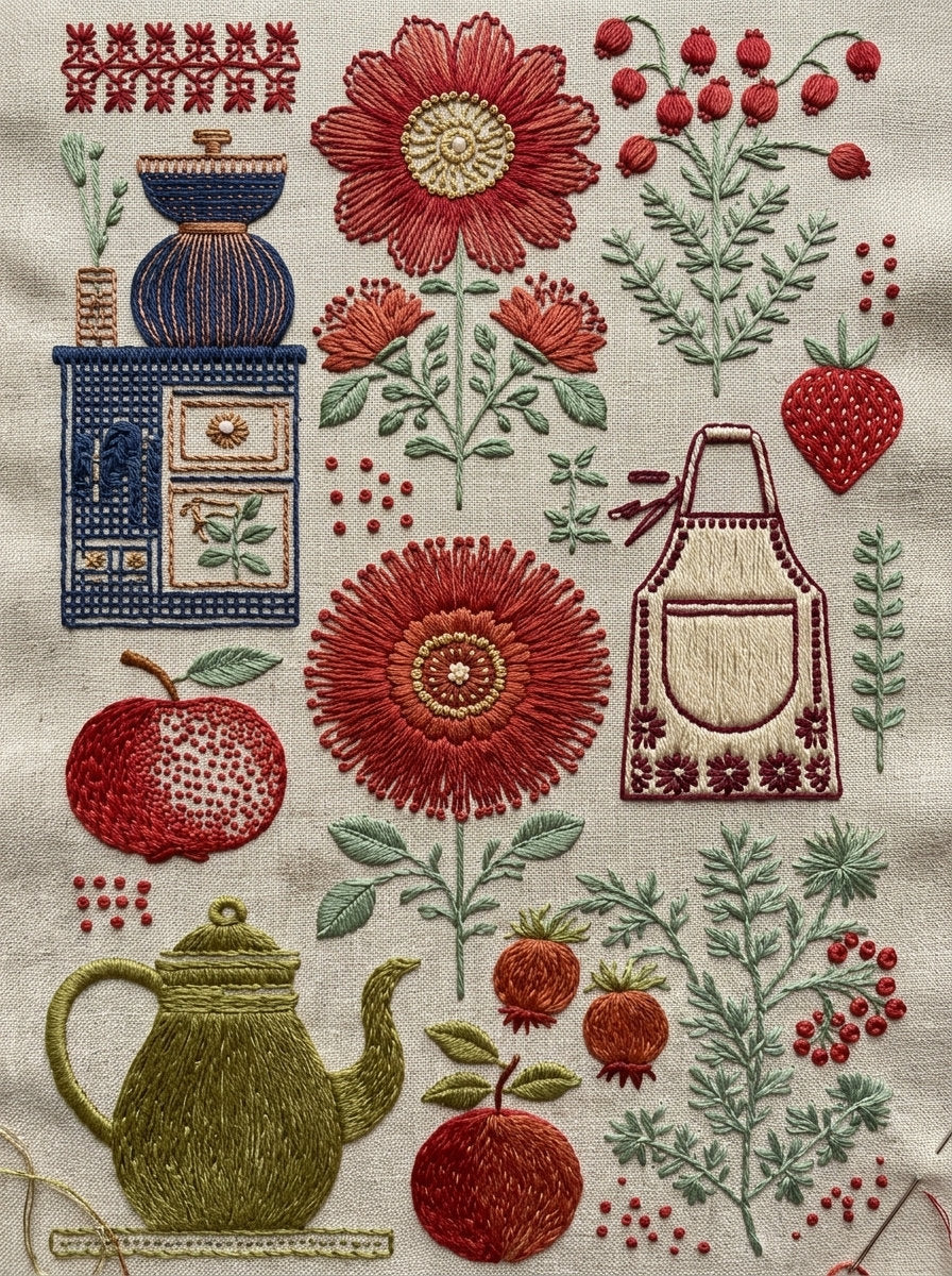Farmhouse Kitchen And Tea Towel from Folk Redwork & Country Florals Book 1, a digital embroidery design reference for machine embroidery designs, embroidery patterns and linen and home textile projects.