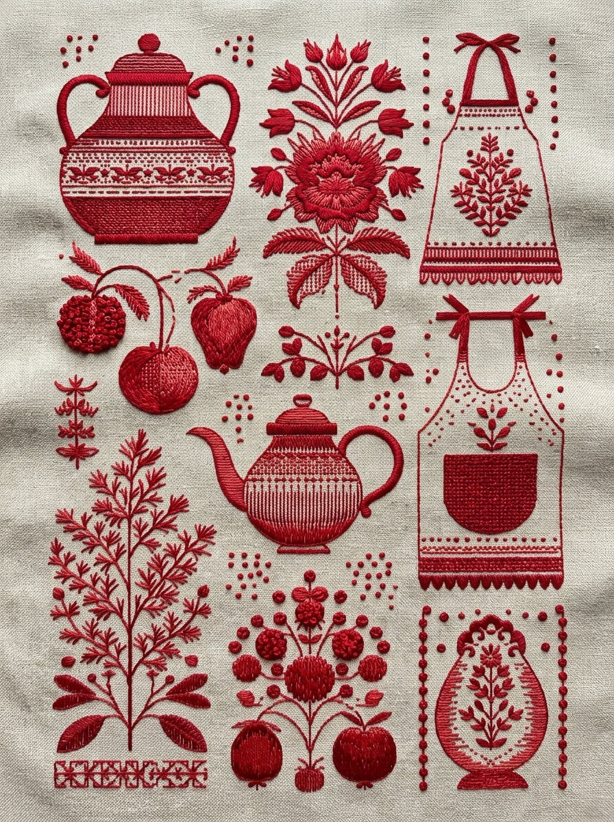 Farmhouse Kitchen And Tea Towel from Folk Redwork & Country Florals Book 2, a digital embroidery design reference for machine embroidery designs, embroidery patterns and linen and home textile projects.