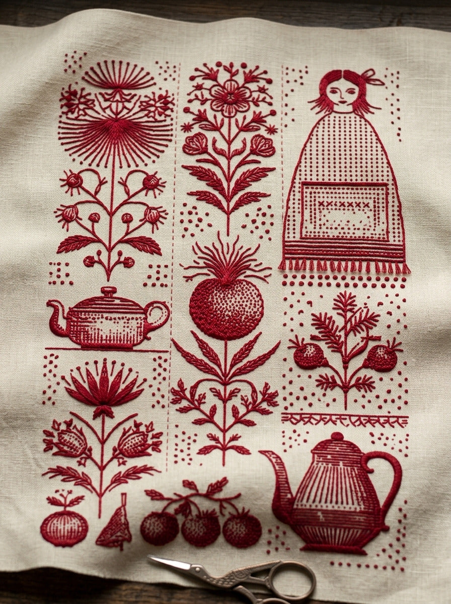 Farmhouse Kitchen And Tea Towel from Folk Redwork & Country Florals Book 4, a digital embroidery design reference for machine embroidery designs, embroidery patterns and linen and home textile projects.