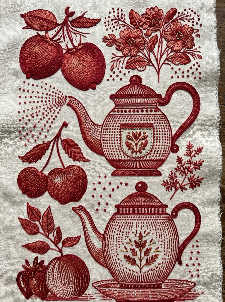 Farmhouse Kitchen And Tea Towel from Folk Redwork & Country Florals Book 3, a digital embroidery design reference for machine embroidery designs, embroidery patterns and linen and home textile projects.