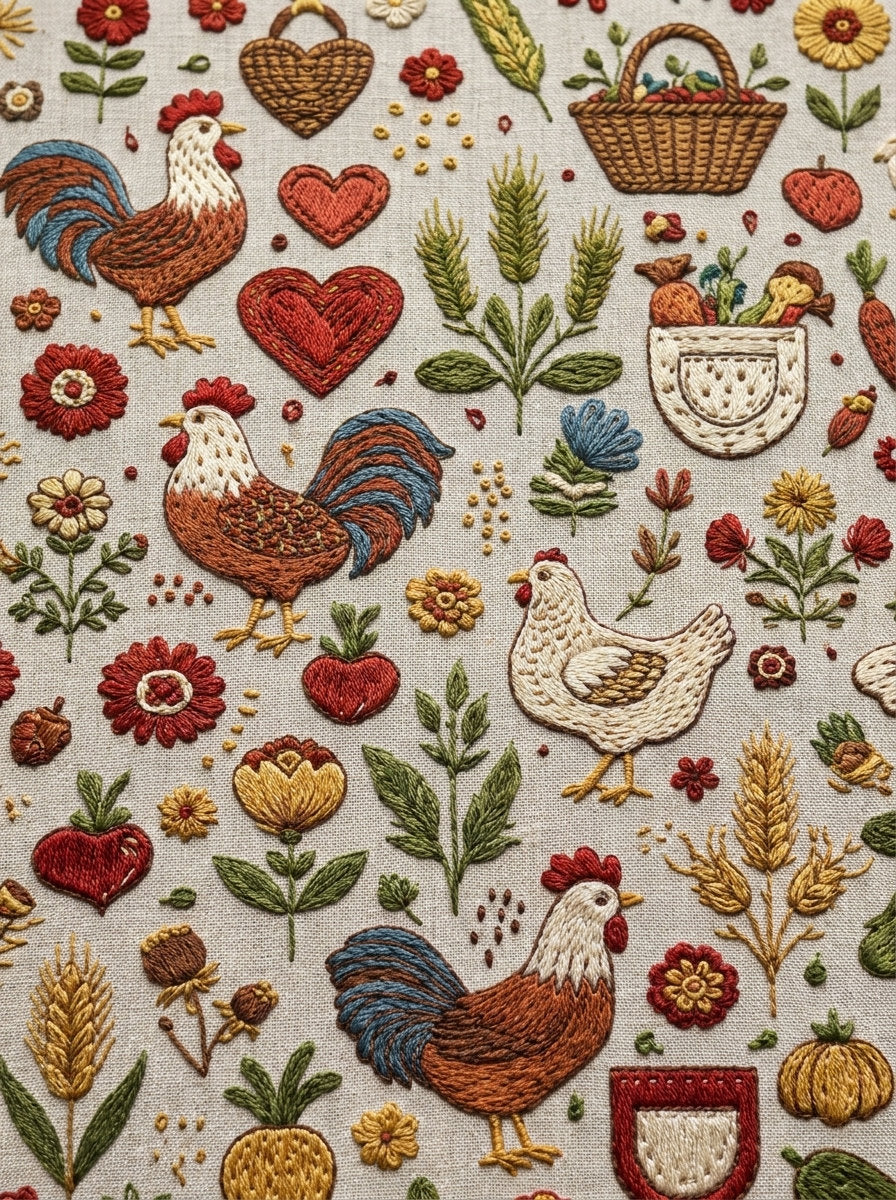 Farmhouse Kitchen Folk Plate Kitchen from Kitchen Towels & Aprons Embroidery Book 4, a digital embroidery design reference for machine embroidery designs, embroidery patterns and linen and home textile projects.