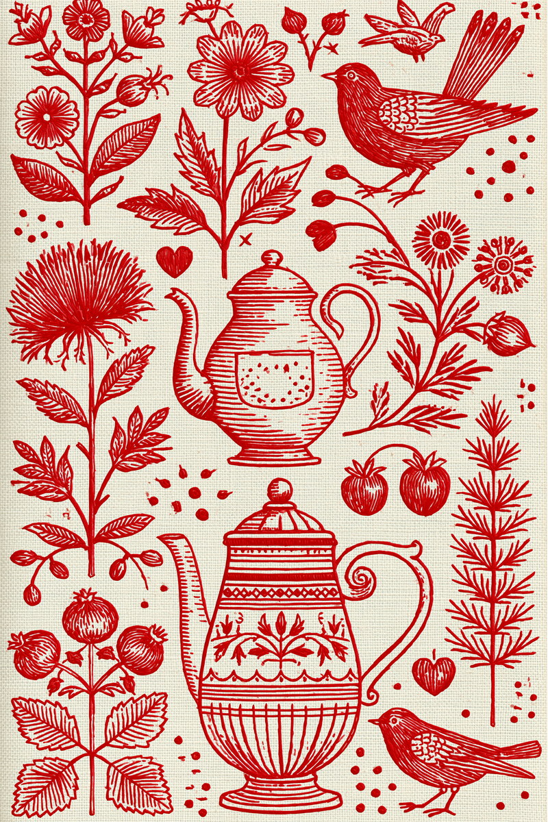 Farmhouse Kitchen Tea Towel And from Folk Redwork & Country Florals Book 2, a digital embroidery design reference for machine embroidery designs, embroidery patterns and linen and home textile projects.