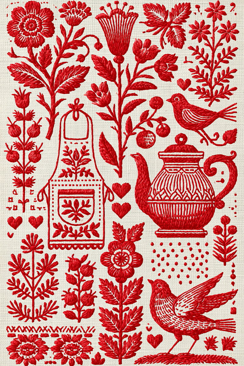 Farmhouse Kitchen Tea Towel And from Folk Redwork & Country Florals Book 3, a digital embroidery design reference for machine embroidery designs, embroidery patterns and linen and home textile projects.