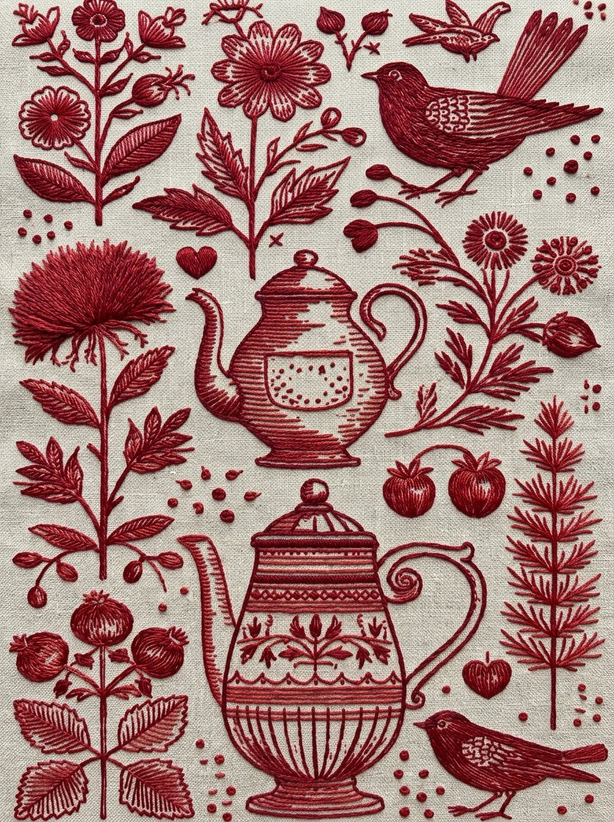 Farmhouse Kitchen Tea Towel And from Folk Redwork & Country Florals Book 2, a digital embroidery design reference for machine embroidery designs, embroidery patterns and linen and home textile projects.