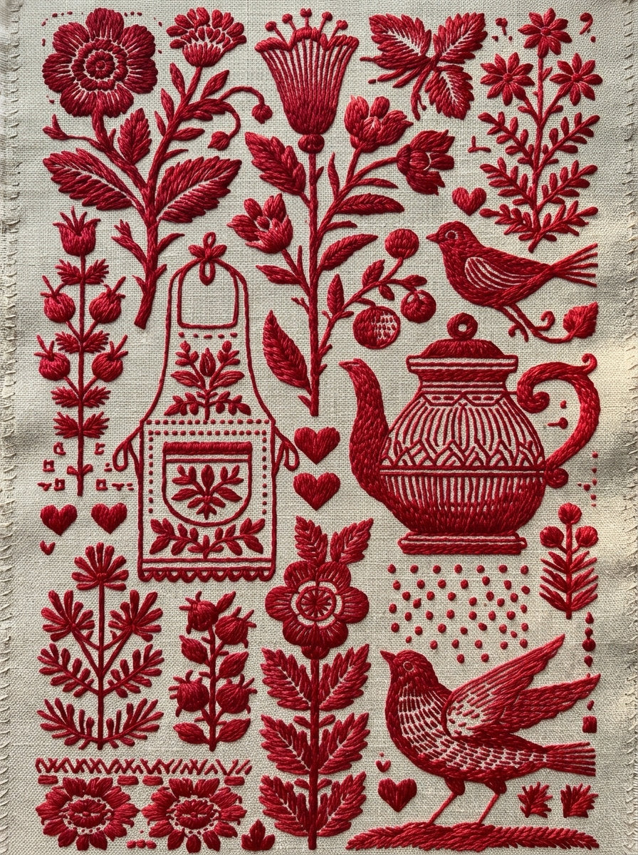 Farmhouse Kitchen Tea Towel And from Folk Redwork & Country Florals Book 3, a digital embroidery design reference for machine embroidery designs, embroidery patterns and linen and home textile projects.