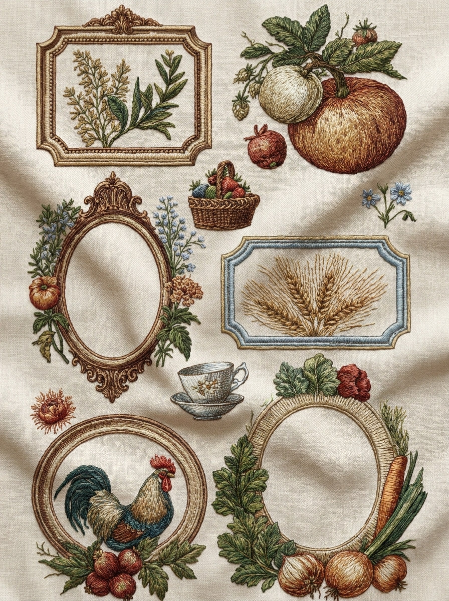 Farmhouse Pantry Label Set Kitchen 02 from Kitchen Towels & Aprons Embroidery Book 3, a digital embroidery design reference for machine embroidery designs, embroidery patterns and frames and monogram spaces.