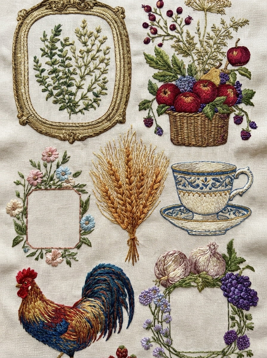 Farmhouse Pantry Label Set Kitchen from Kitchen Towels & Aprons Embroidery Book 3, a digital embroidery design reference for machine embroidery designs, embroidery patterns and frames and monogram spaces.