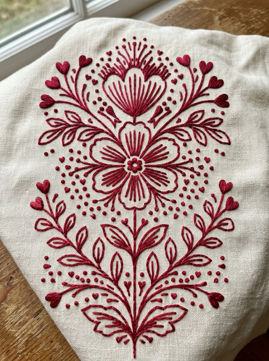 Farmhouse Pillow Redwork Motif Png from Folk Redwork & Country Florals Book 4, a digital embroidery design reference for machine embroidery designs, embroidery patterns and linen and home textile projects.