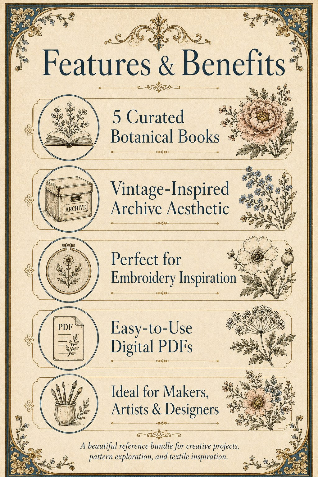 Digital PDF embroidery design bundle cover preview for Botanical Garden Archive Bundle 1, featuring curated embroidery patterns, motif library references and textile design… - preview 3