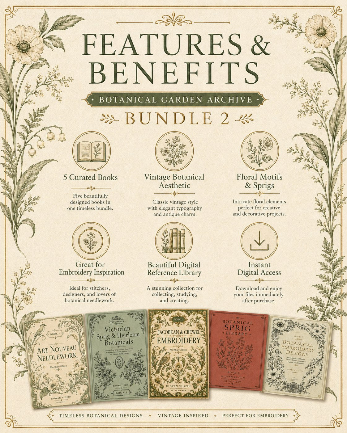 Digital PDF embroidery design bundle cover preview for Botanical Garden Archive Bundle 2, featuring curated embroidery patterns, motif library references and textile design… - preview 3