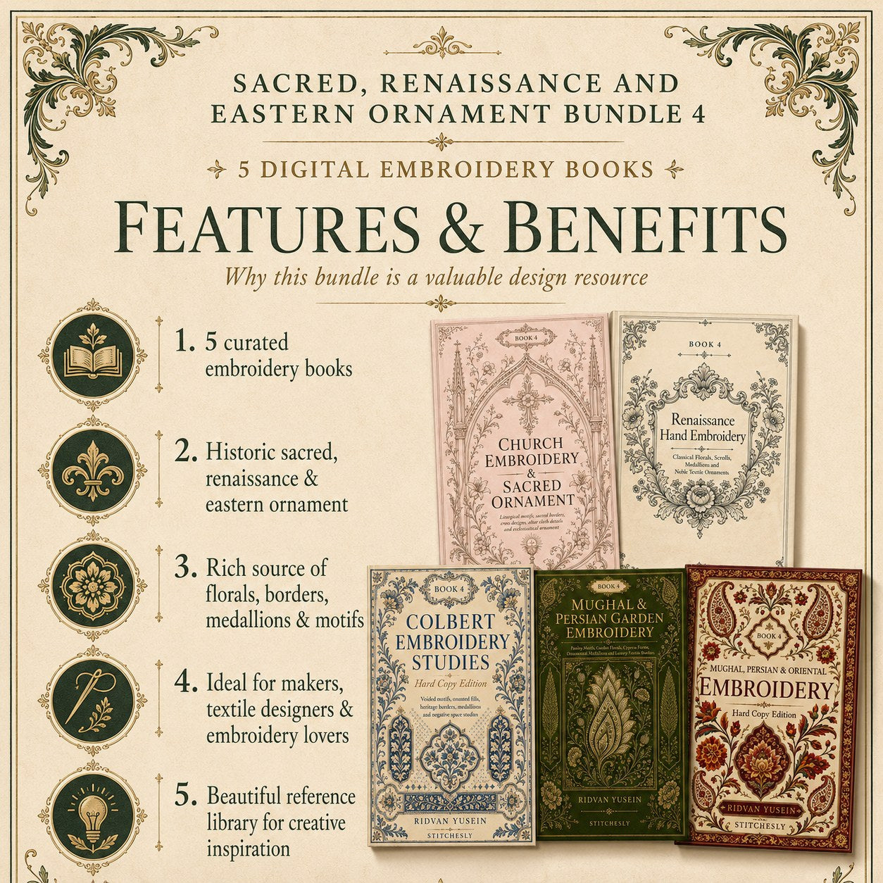 Digital PDF embroidery design bundle cover preview for Sacred, Renaissance & Eastern Ornament Bundle 4, featuring curated embroidery patterns, motif library references and… - preview 3