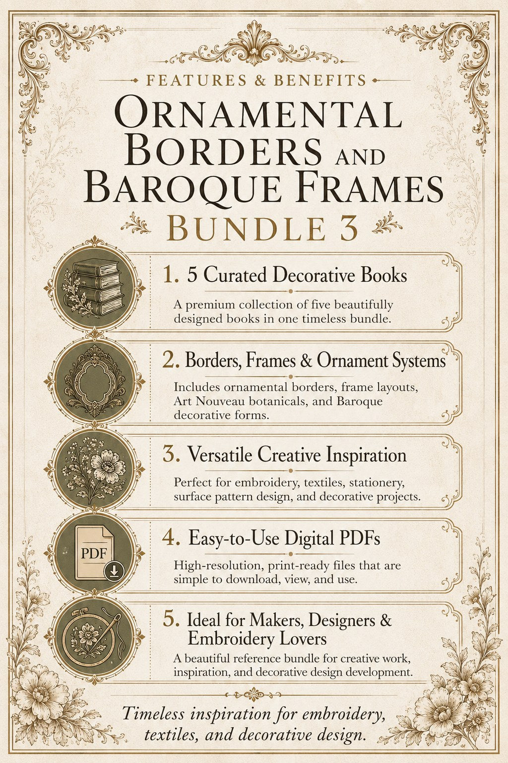 Digital PDF embroidery design bundle cover preview for Ornamental Borders & Baroque Frames Bundle 3, featuring curated embroidery patterns, motif library references and textile… - preview 3