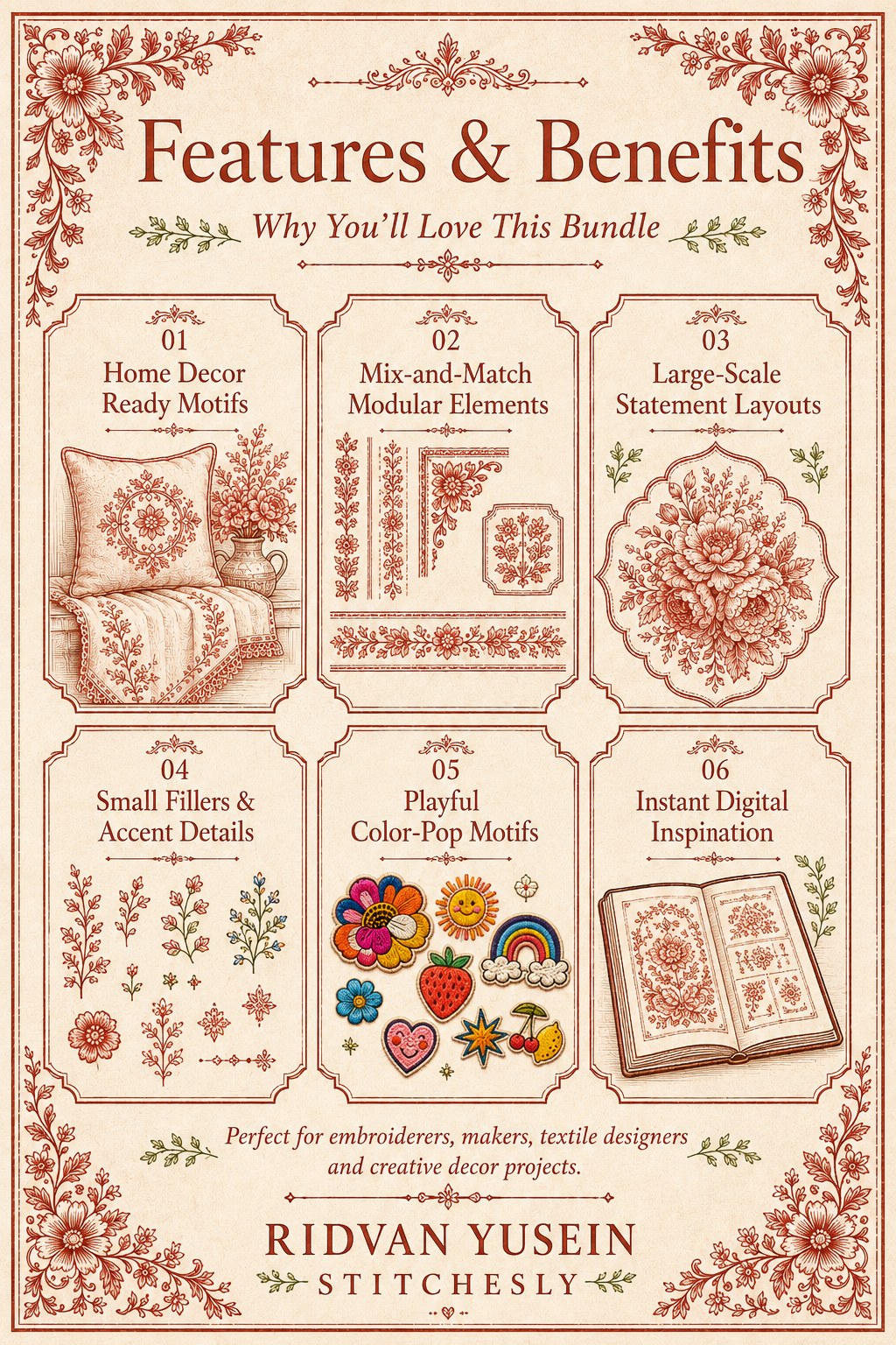 Digital PDF embroidery design bundle cover preview for Home Decor, Scale & Modular Systems Bundle 2, featuring curated embroidery patterns, motif library references and textile… - preview 3