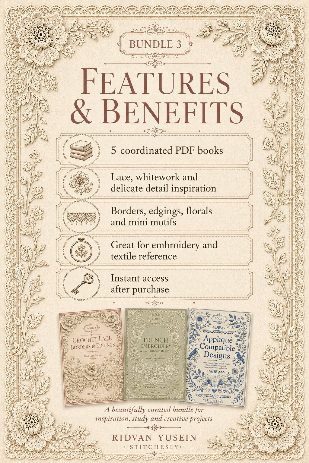 Digital PDF embroidery design bundle cover preview for Lace, Whitework & Delicate Detail Bundle 3, featuring curated embroidery patterns, motif library references and textile… - preview 3