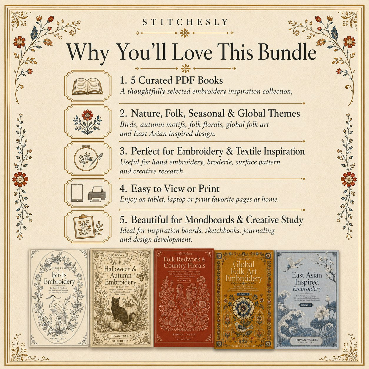 Digital PDF embroidery design bundle cover preview for Nature, Country Folk & Global Color Bundle 4, featuring curated embroidery patterns, motif library references and textile… - preview 3