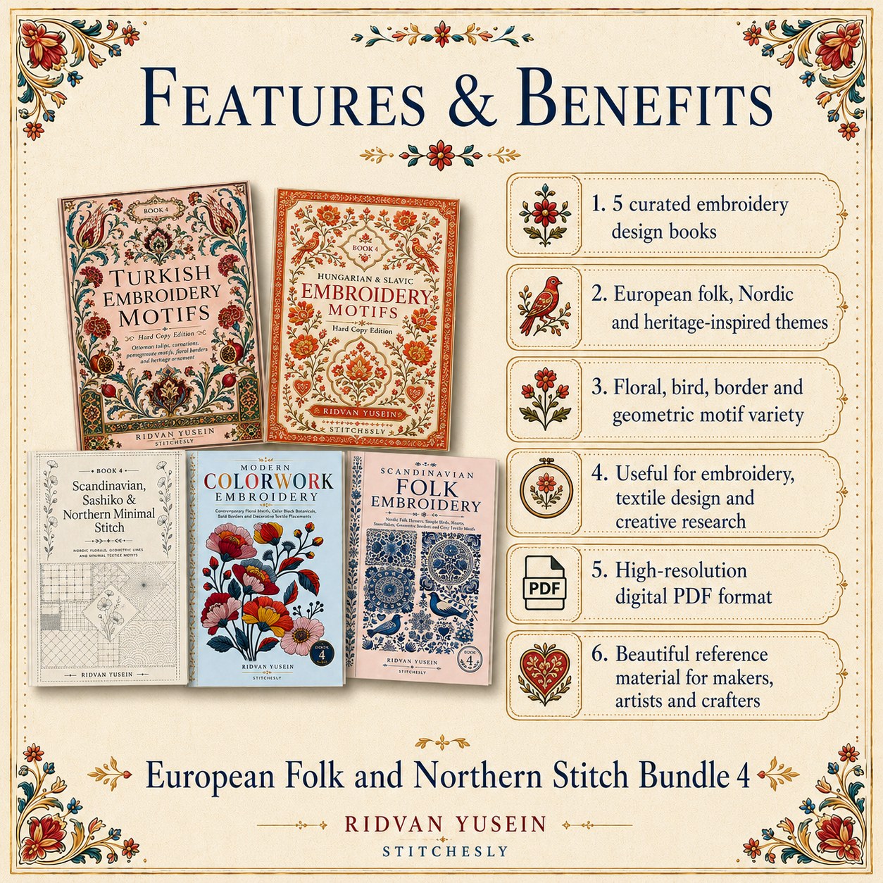 Digital PDF embroidery design bundle cover preview for European Folk & Northern Stitch Bundle 4, featuring curated embroidery patterns, motif library references and textile… - preview 3