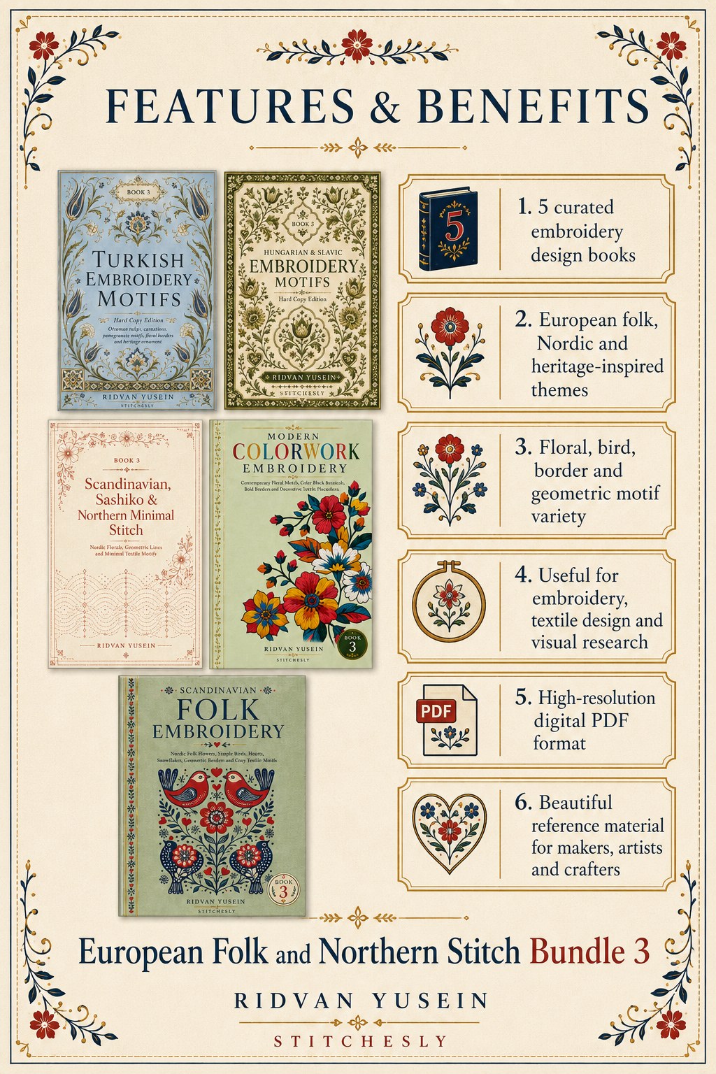 Digital PDF embroidery design bundle cover preview for European Folk & Northern Stitch Bundle 3, featuring curated embroidery patterns, motif library references and textile… - preview 3
