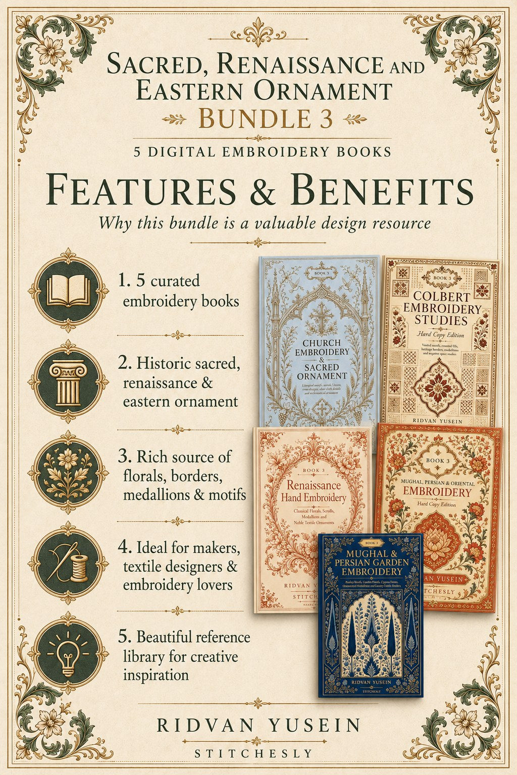 Digital PDF embroidery design bundle cover preview for Sacred, Renaissance & Eastern Ornament Bundle 3, featuring curated embroidery patterns, motif library references and… - preview 3