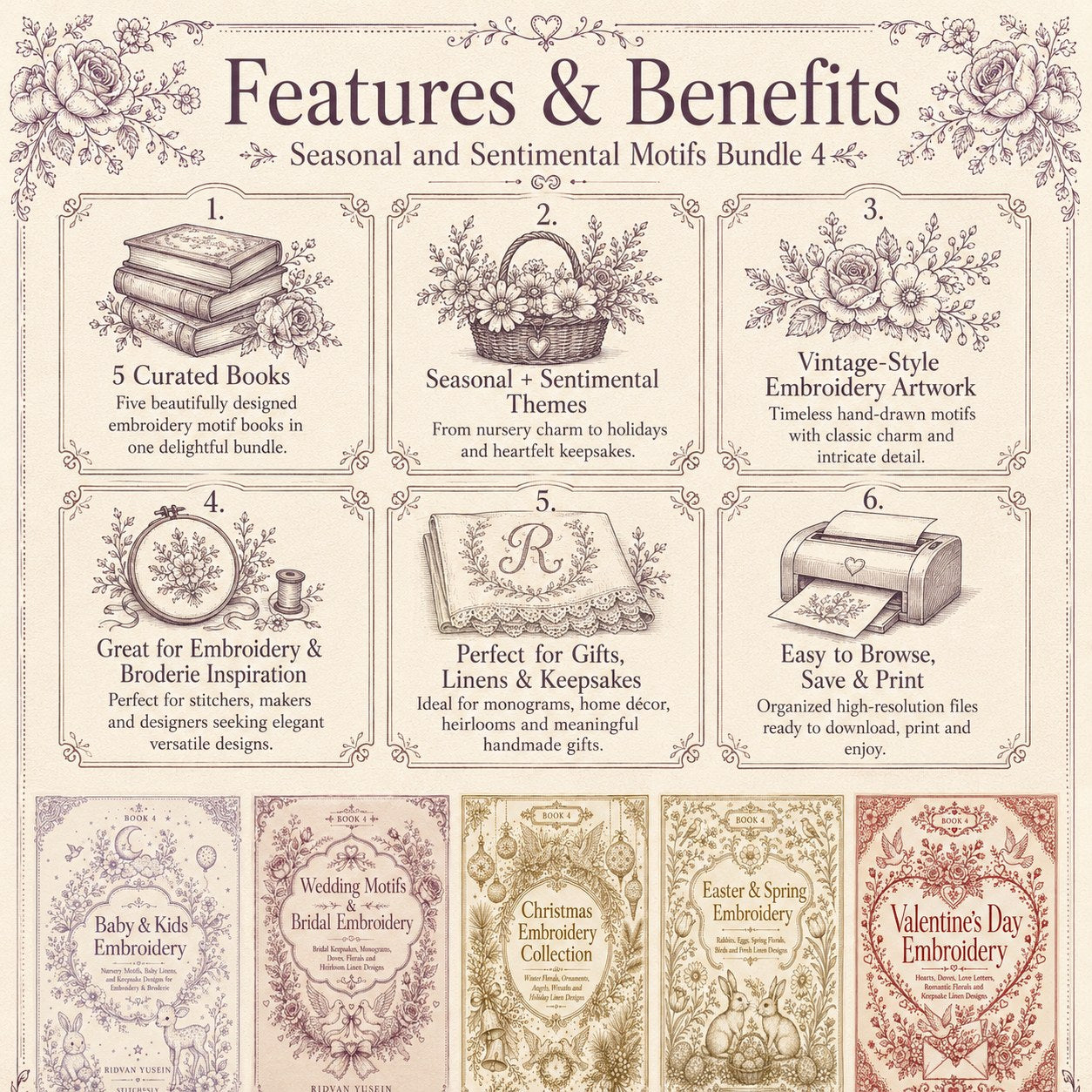 Digital PDF embroidery design bundle cover preview for Seasonal & Sentimental Motifs Bundle 4, featuring curated embroidery patterns, motif library references and textile design… - preview 3
