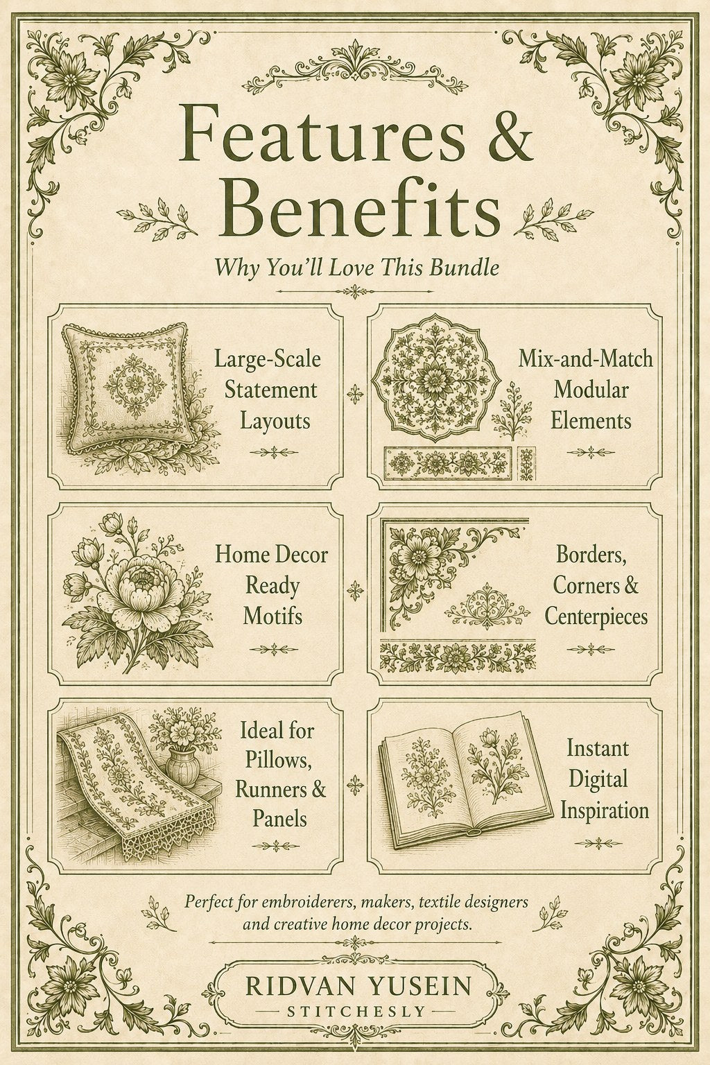 Digital PDF embroidery design bundle cover preview for Home Decor, Scale & Modular Systems Bundle 1, featuring curated embroidery patterns, motif library references and textile… - preview 3