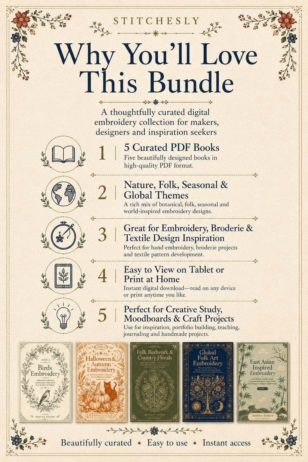 Digital PDF embroidery design bundle cover preview for Nature, Country Folk & Global Color Bundle 2, featuring curated embroidery patterns, motif library references and textile… - preview 3