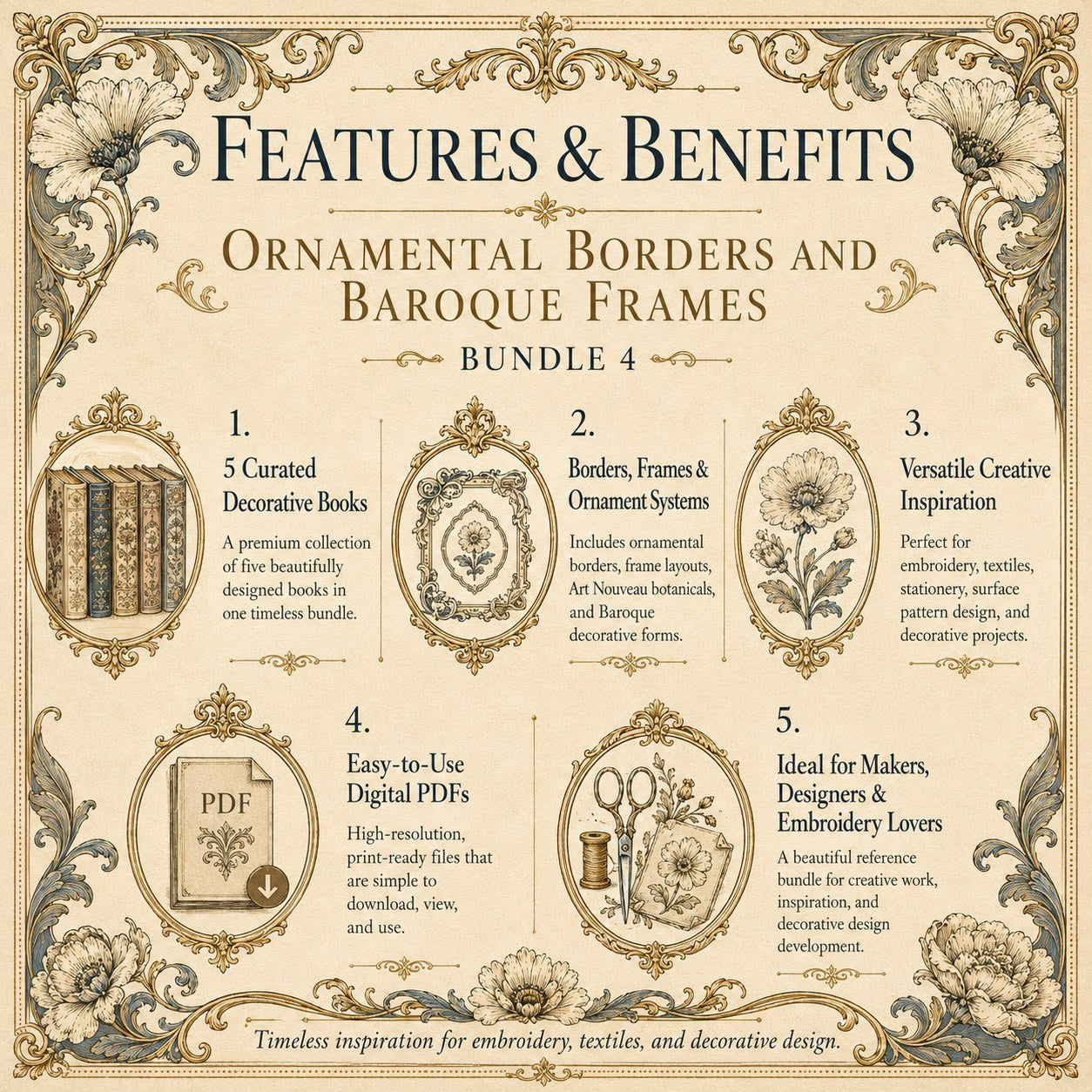 Digital PDF embroidery design bundle cover preview for Ornamental Borders & Baroque Frames Bundle 4, featuring curated embroidery patterns, motif library references and textile… - preview 3