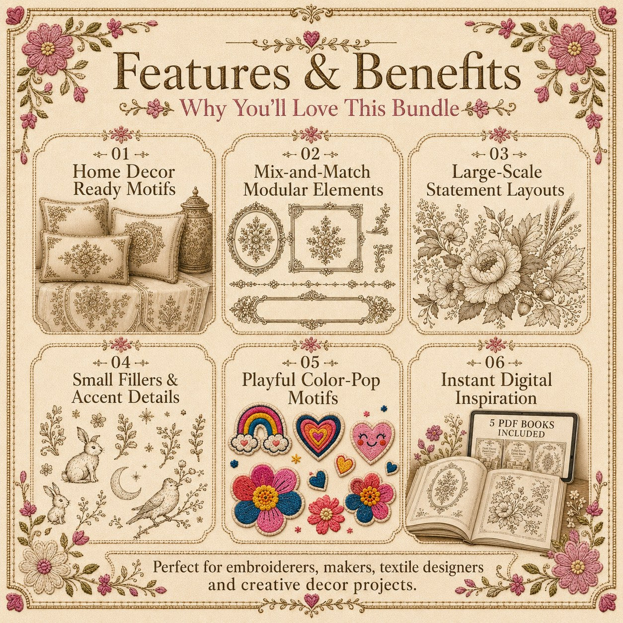 Digital PDF embroidery design bundle cover preview for Home Decor, Scale & Modular Systems Bundle 4, featuring curated embroidery patterns, motif library references and textile… - preview 3