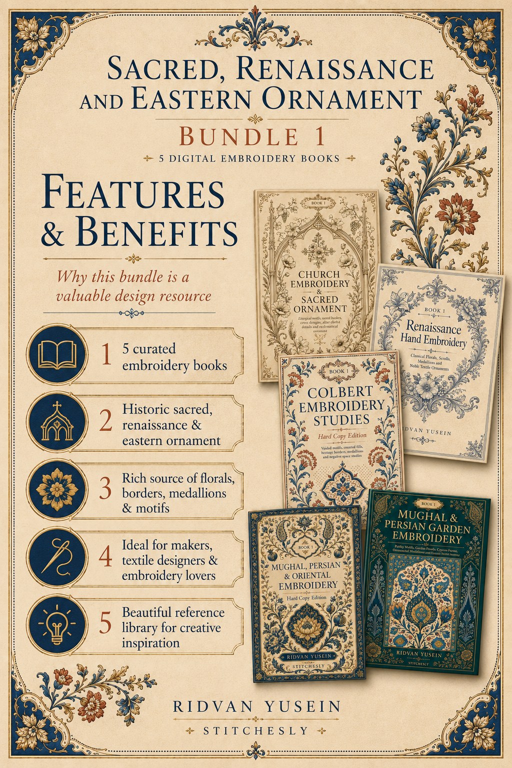 Digital PDF embroidery design bundle cover preview for Sacred, Renaissance & Eastern Ornament Bundle 1, featuring curated embroidery patterns, motif library references and… - preview 3