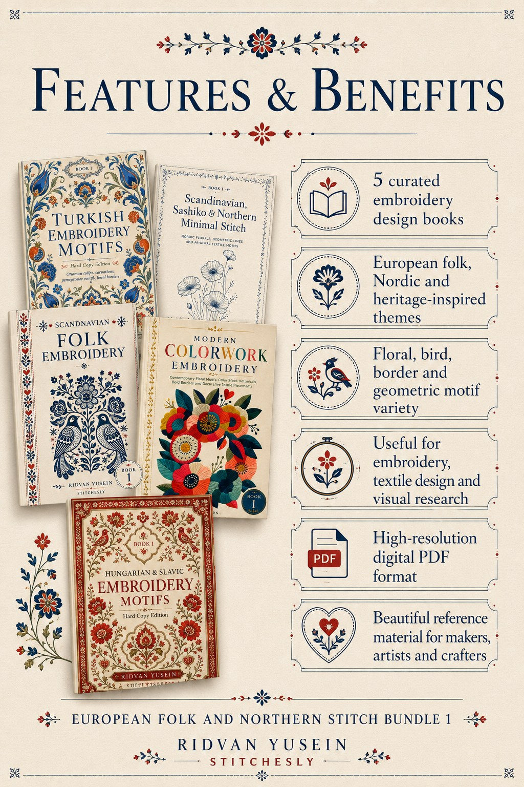 Digital PDF embroidery design bundle cover preview for European Folk & Northern Stitch Bundle 1, featuring curated embroidery patterns, motif library references and textile… - preview 3