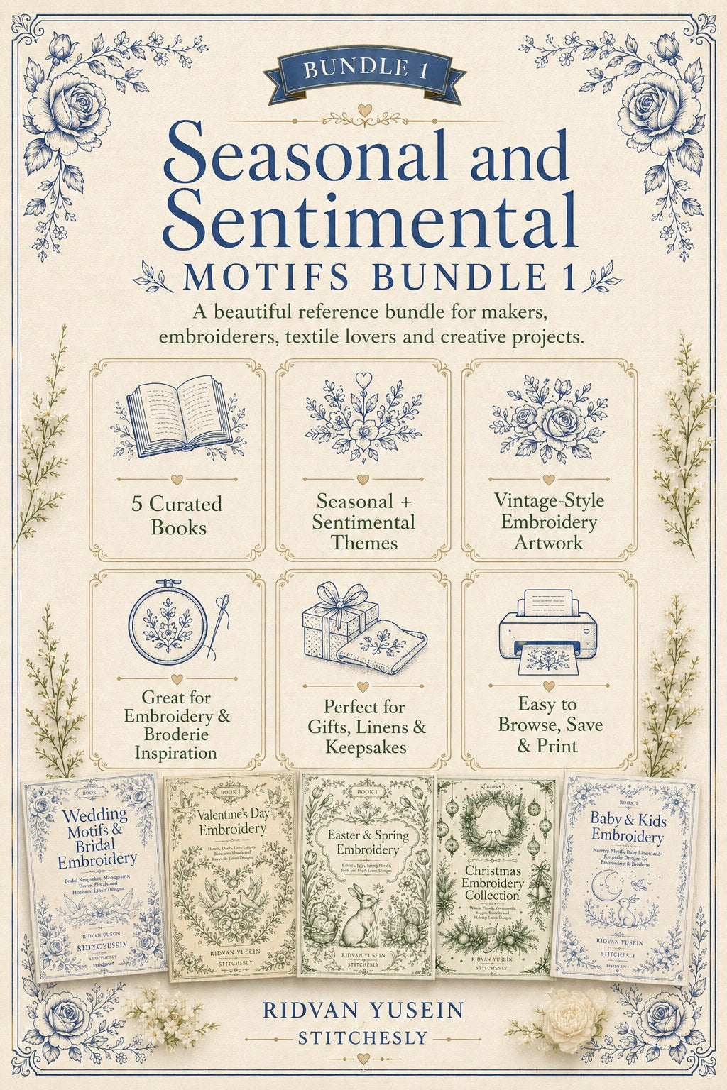 Digital PDF embroidery design bundle cover preview for Seasonal & Sentimental Motifs Bundle 1, featuring curated embroidery patterns, motif library references and textile design… - preview 3