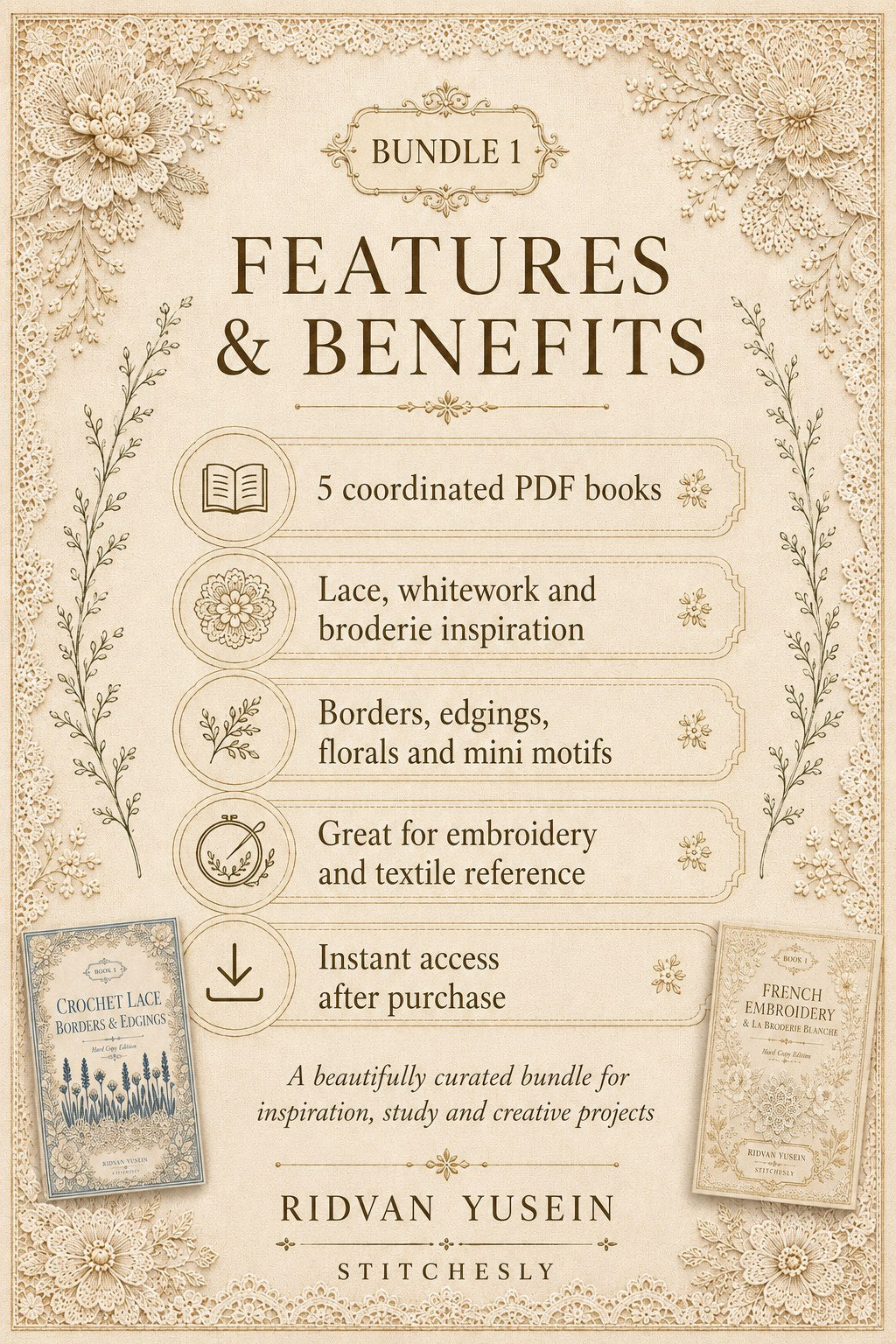 Digital PDF embroidery design bundle cover preview for Lace, Whitework & Delicate Detail Bundle 1, featuring curated embroidery patterns, motif library references and textile… - preview 3