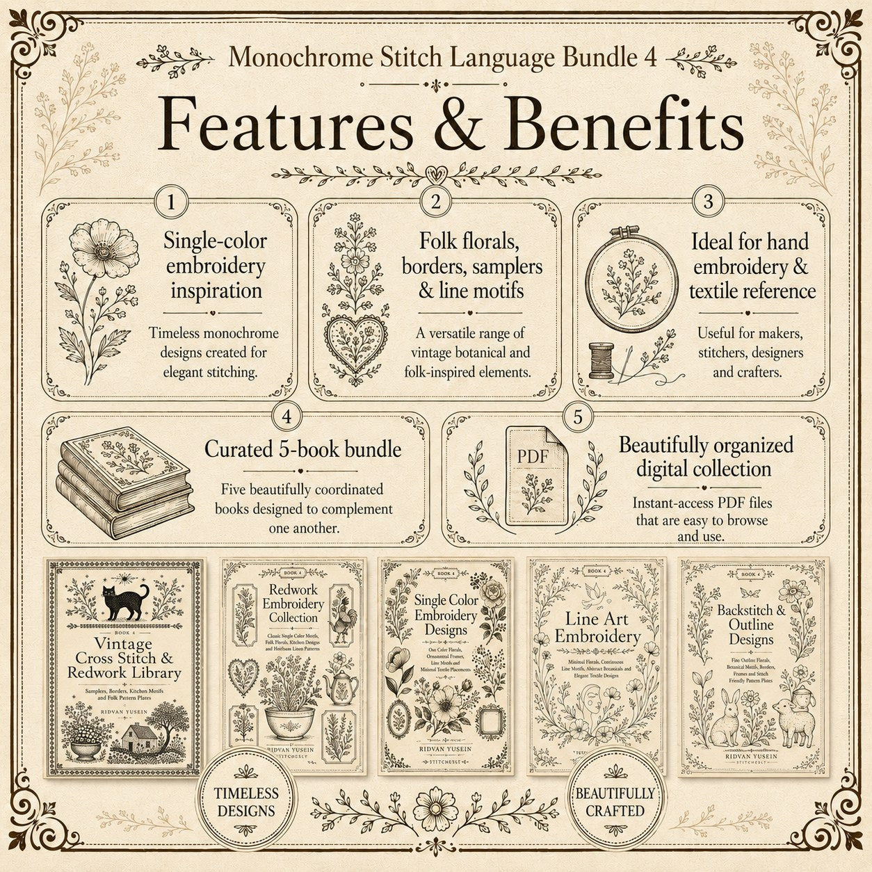 Digital PDF embroidery design bundle cover preview for Monochrome Stitch Language Bundle 4, featuring curated embroidery patterns, motif library references and textile design… - preview 3