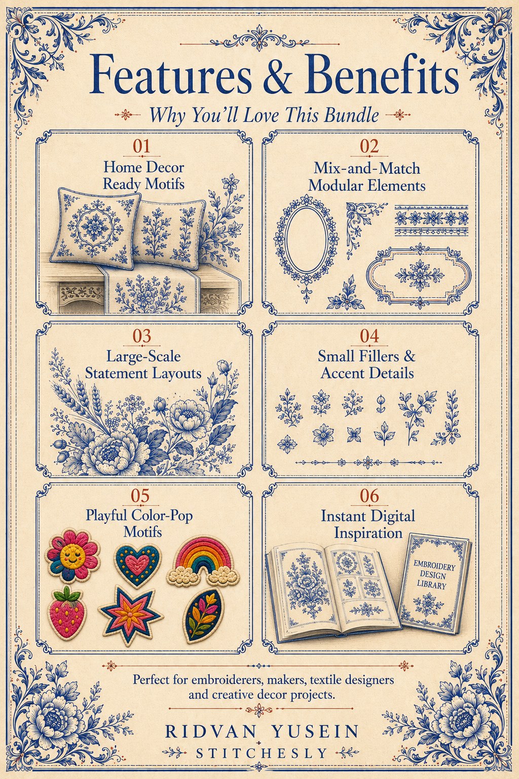Digital PDF embroidery design bundle cover preview for Home Decor, Scale & Modular Systems Bundle 3, featuring curated embroidery patterns, motif library references and textile… - preview 3