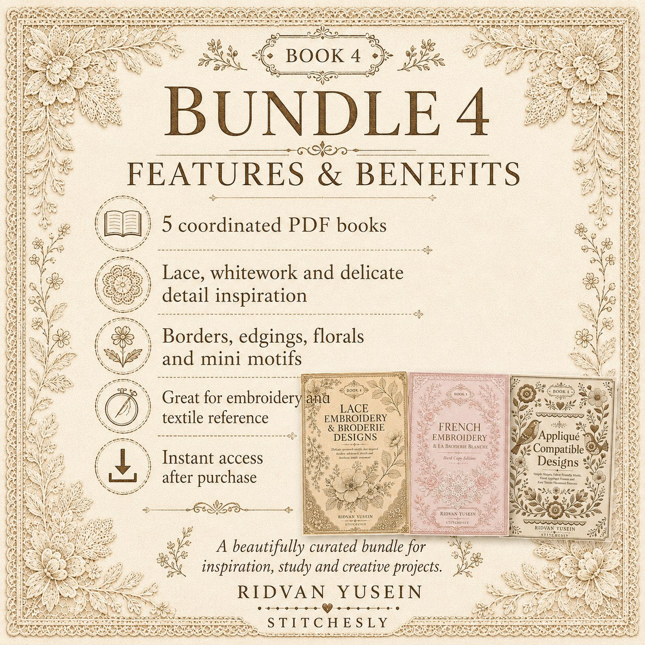 Digital PDF embroidery design bundle cover preview for Lace, Whitework & Delicate Detail Bundle 4, featuring curated embroidery patterns, motif library references and textile… - preview 3