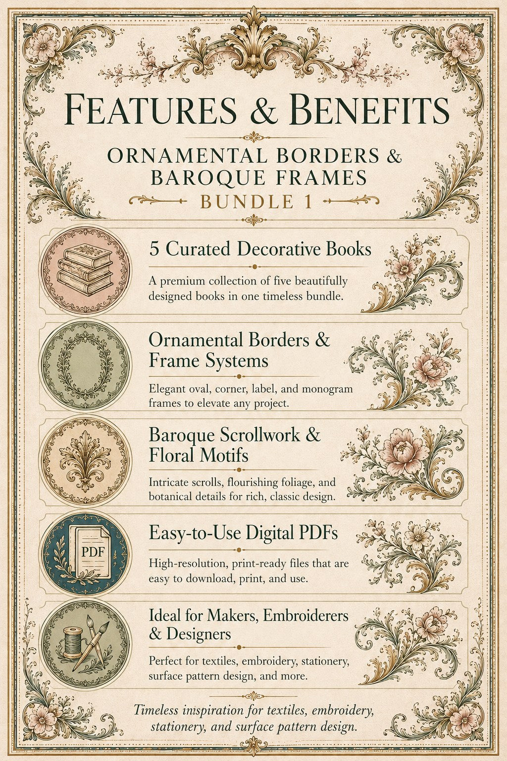 Digital PDF embroidery design bundle cover preview for Ornamental Borders & Baroque Frames Bundle 1, featuring curated embroidery patterns, motif library references and textile… - preview 3