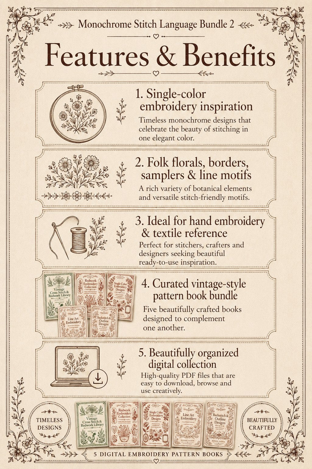 Digital PDF embroidery design bundle cover preview for Monochrome Stitch Language Bundle 2, featuring curated embroidery patterns, motif library references and textile design… - preview 3