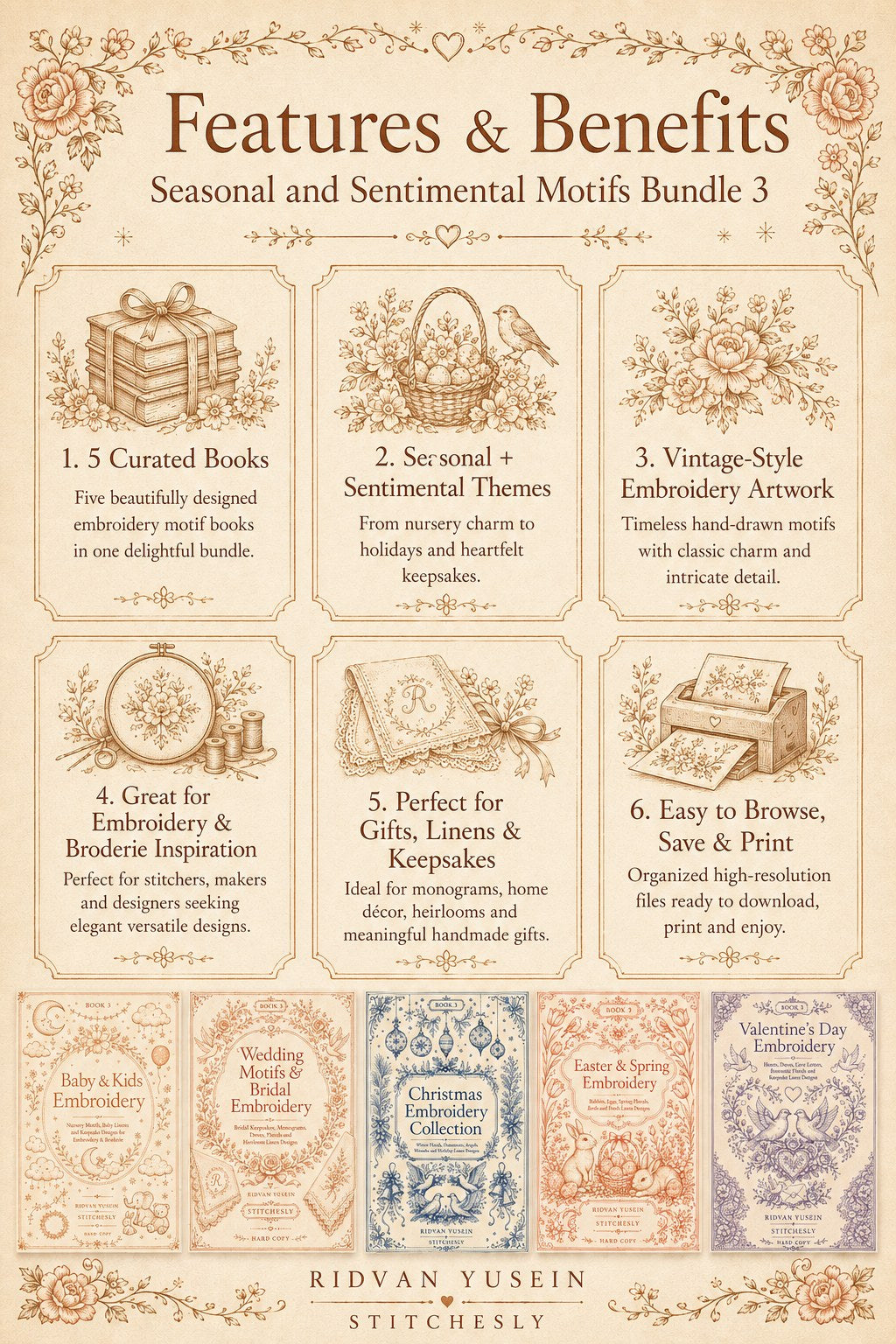 Digital PDF embroidery design bundle cover preview for Seasonal & Sentimental Motifs Bundle 3, featuring curated embroidery patterns, motif library references and textile design… - preview 3