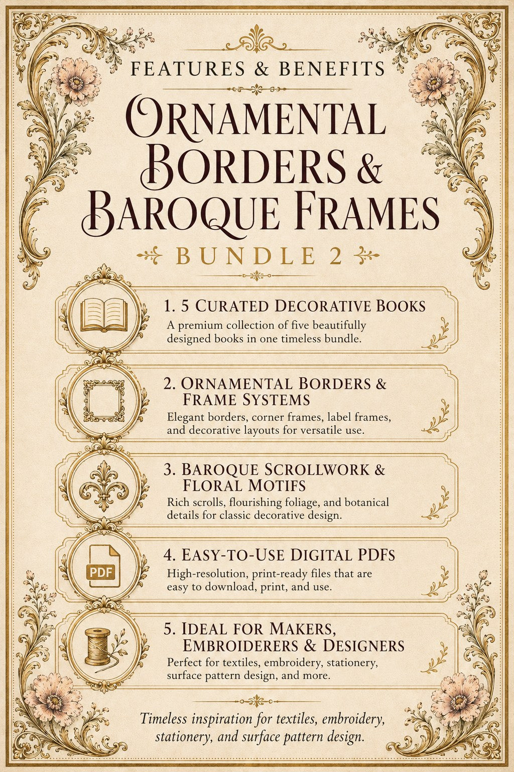 Digital PDF embroidery design bundle cover preview for Ornamental Borders & Baroque Frames Bundle 2, featuring curated embroidery patterns, motif library references and textile… - preview 3