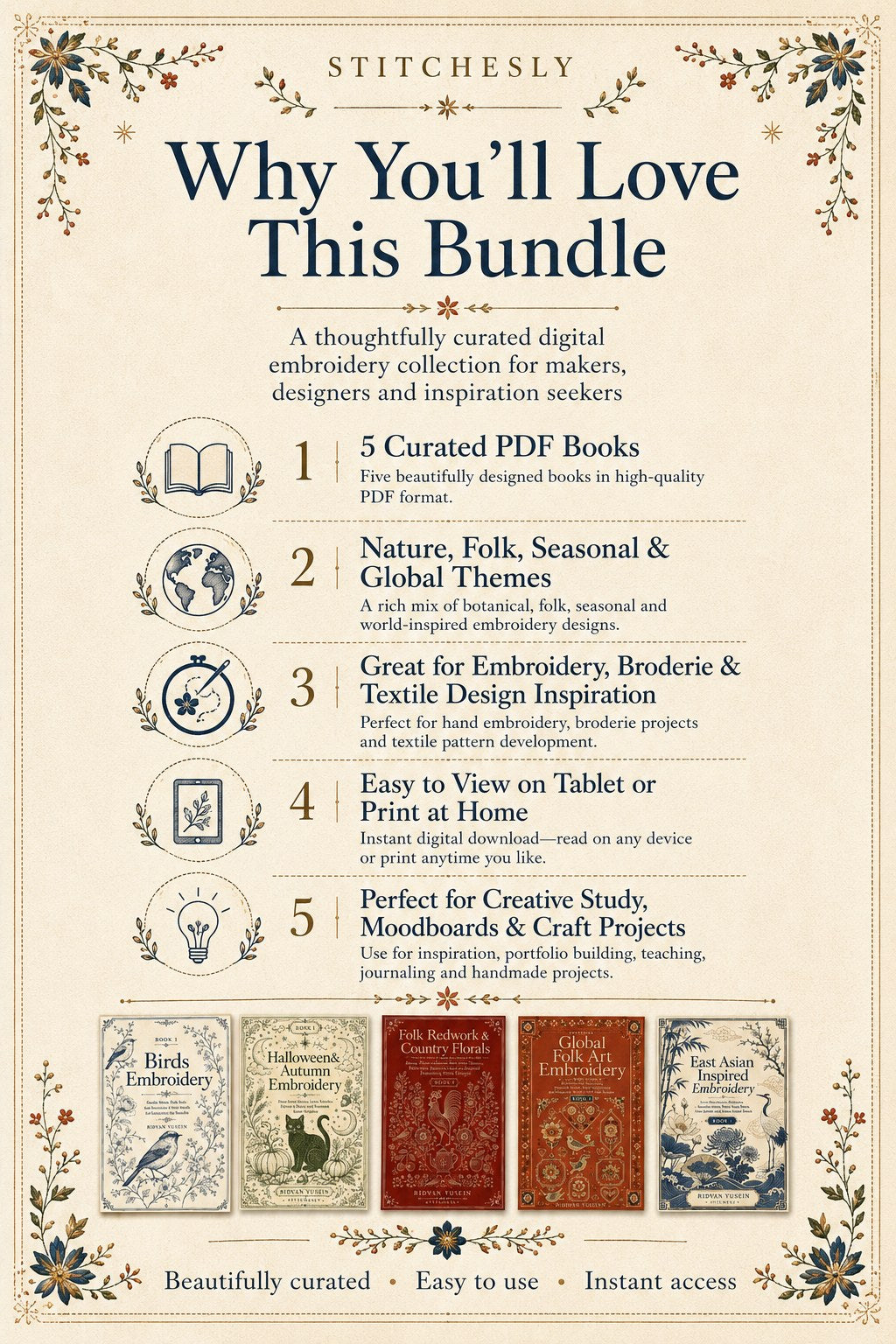 Digital PDF embroidery design bundle cover preview for Nature, Country Folk & Global Color Bundle 1, featuring curated embroidery patterns, motif library references and textile… - preview 3