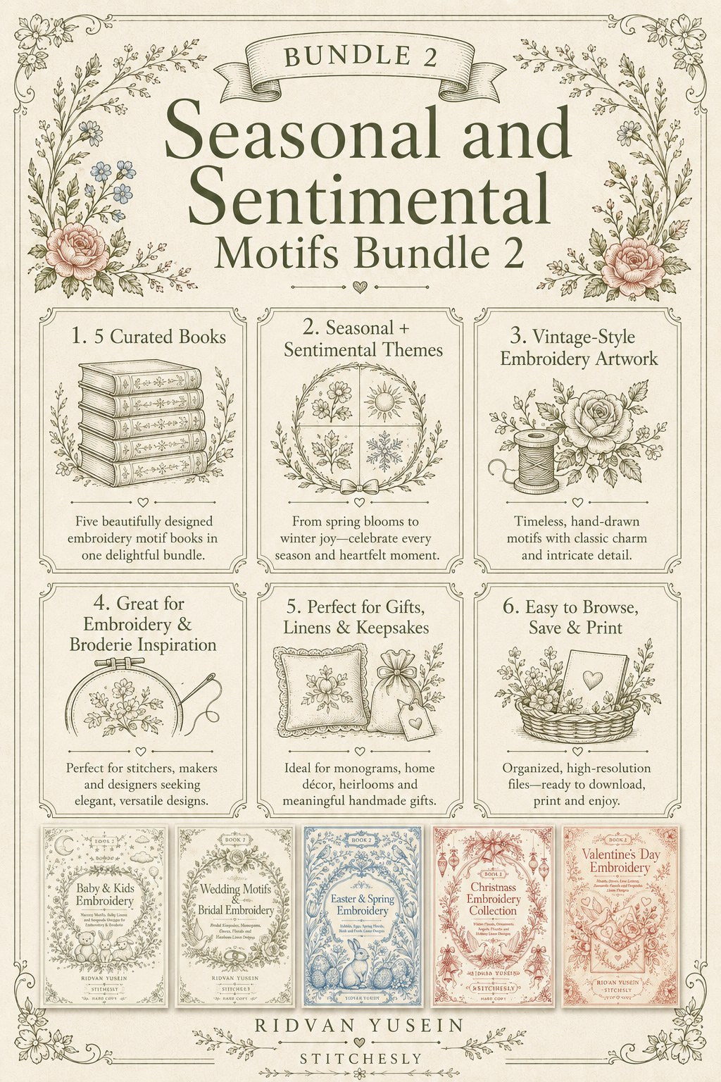 Digital PDF embroidery design bundle cover preview for Seasonal & Sentimental Motifs Bundle 2, featuring curated embroidery patterns, motif library references and textile design… - preview 3