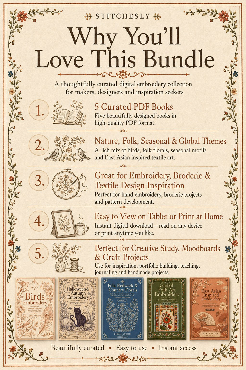 Digital PDF embroidery design bundle cover preview for Nature, Country Folk & Global Color Bundle 3, featuring curated embroidery patterns, motif library references and textile… - preview 3