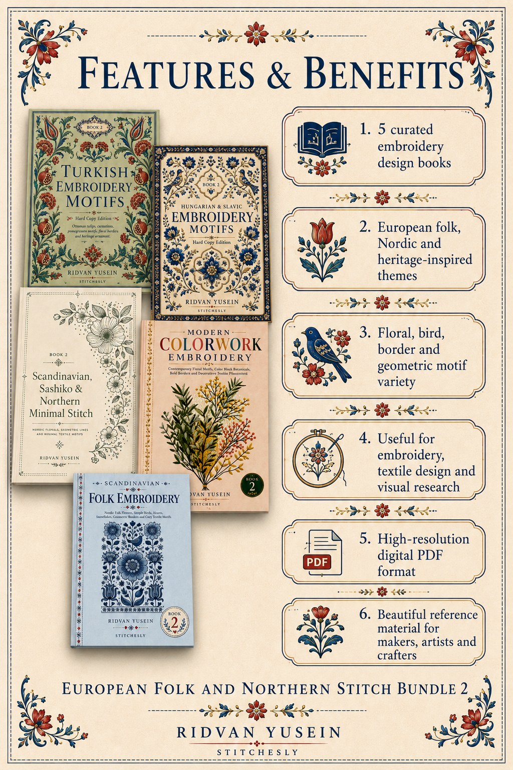 Digital PDF embroidery design bundle cover preview for European Folk & Northern Stitch Bundle 2, featuring curated embroidery patterns, motif library references and textile… - preview 3