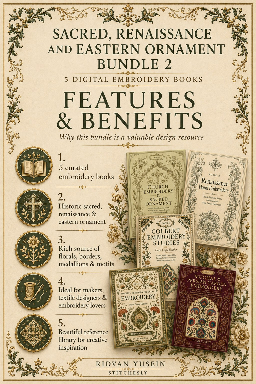 Digital PDF embroidery design bundle cover preview for Sacred, Renaissance & Eastern Ornament Bundle 2, featuring curated embroidery patterns, motif library references and… - preview 3