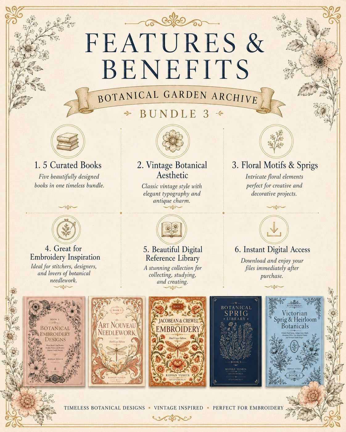 Digital PDF embroidery design bundle cover preview for Botanical Garden Archive Bundle 3, featuring curated embroidery patterns, motif library references and textile design… - preview 3